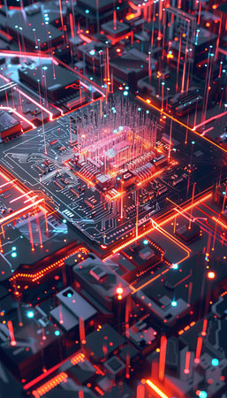 A close-up view of a modern microprocessor surrounded by intricate data streams and glowing lights, representing the processing power of artificial intelligence.の素材
