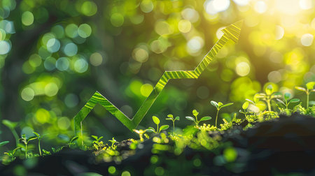 A green arrow symbolizing the growth of sustainable investments, representing environmental responsibility in the financial sector.の素材