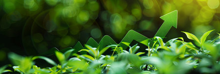 A green arrow symbolizing the rising trend of sustainable investing, representing green finances and ecological practices.の素材