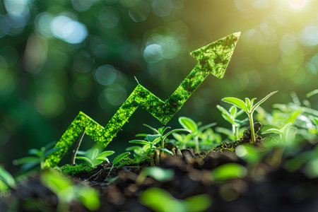 Plants in soil form a green arrow, symbolizing the rise of sustainable investment and eco-friendly finances.の素材