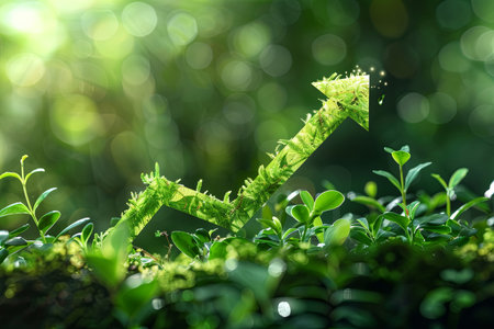 An upward arrow symbolizing the growth of sustainable investment, formed from lush greenery, showing green finance and ecological practices.の素材