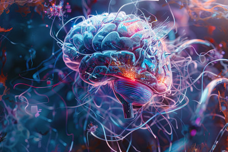 A 3D rendering of a human brain integrated with digital elements and neural networks, representing the convergence of human intelligence and artificial intelligence.の素材