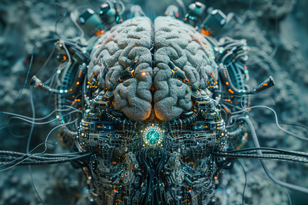 A close-up image of a futuristic, digitalized human brain, symbolizing the merging of human intelligence with artificial intelligence.の素材