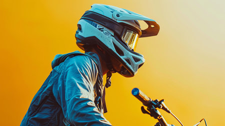 A close-up side view of a man wearing a helmet while riding a mountain bike on a yellow background.の素材