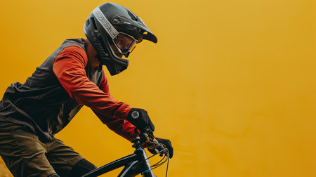 Side view of a man in a helmet riding a mountain bike against a bright yellow background.の素材