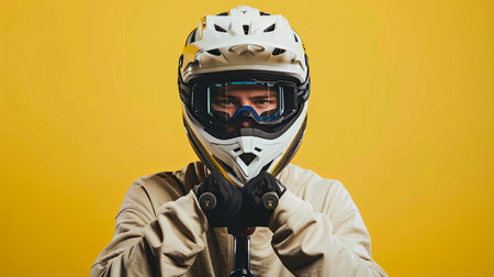 A close-up side view of a man wearing a helmet and goggles, holding the handlebars of his mountain bike, against a yellow background.の素材