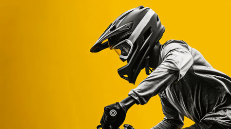 A close-up side view of a mountain biker wearing a full-face helmet, with a yellow background.の素材