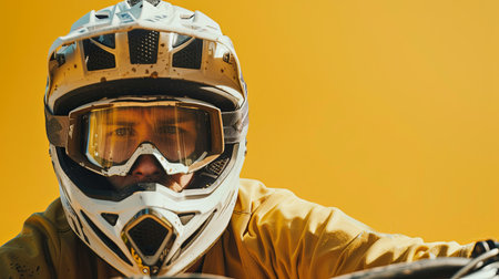 A close-up shot of a mountain biker wearing a helmet and goggles, looking forward against a bright yellow backdrop.の素材