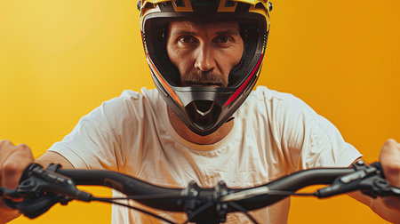 A close-up side view of a man in a helmet on a mountain bike against a bright yellow background.の素材