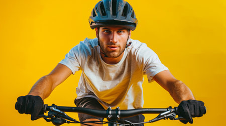 A close-up shot of a man wearing a helmet and riding a mountain bike in front of a yellow background.の素材