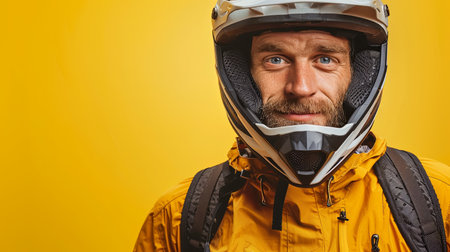 A close-up shot of a man wearing a full-face helmet, looking towards the camera. He is wearing a yellow jacket and has a backpack on. The background is a bright yellow.の素材