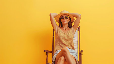 A young woman wearing summer clothes relaxes in a deckchair against a bright yellow background.の素材