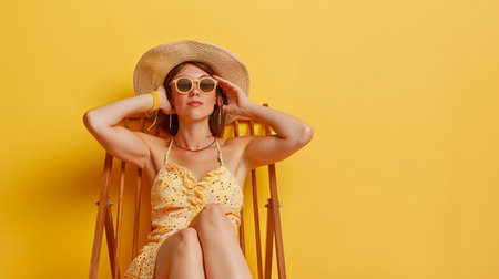 A young woman wearing a summer dress and sunglasses relaxes in a deckchair on a yellow background.の素材