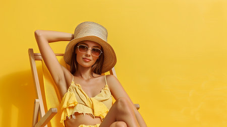 A young woman in a yellow summer outfit and straw hat relaxes in a deckchair against a bright yellow background.の素材