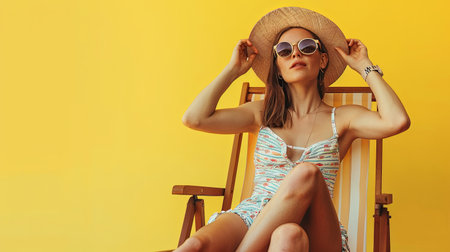 A young woman in a summer dress sits calmly in a deckchair against a vibrant yellow background, enjoying a relaxing moment during her vacation.の素材