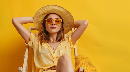 A young woman, wearing a straw hat and sunglasses, relaxes in a deckchair against a bright yellow background.の素材