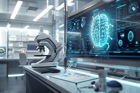 A modern medical laboratory featuring advanced medical equipment and an AI-powered diagnostic tool analyzing patient data on a large screen.の素材