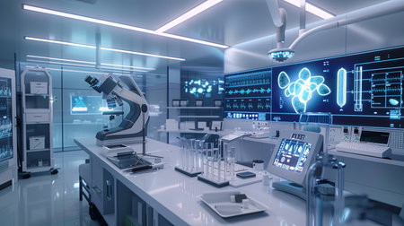 A clean and professional medical laboratory with advanced equipment, including a high-tech scanner analyzing patient data on a large screen.の素材