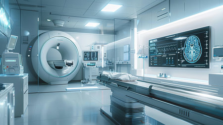 A clean, modern medical laboratory with advanced equipment, including a high-tech scanner analyzing patient data on a large screen.の素材
