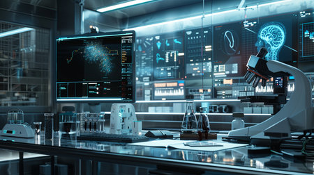 A sterile and modern medical laboratory featuring a high-tech scanner displaying patient data on a large screen, showing the use of AI in advanced medical diagnostics.の素材