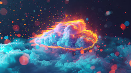 An abstract digital illustration depicting cloud computing with digital elements representing data processing and AI operations in the cloud.の素材