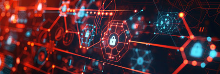 Abstract digital artwork depicting a cybersecurity network with digital locks, shields, and network nodes protected by AI algorithms.の素材