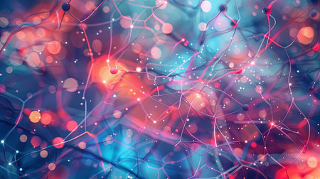 A colorful, abstract illustration representing a neural network with connected nodes.の素材