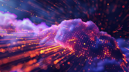 An abstract illustration of cloud computing, depicting data processing and AI operations within a digital cloud.の素材