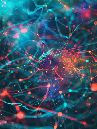 An abstract visual representation of a neural network with nodes and connections, highlighting the data processing and learning capabilities of AI.の素材