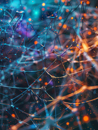 A close-up abstract representation of a neural network with nodes and connections, illustrating the data processing and learning capabilities of AI.の素材
