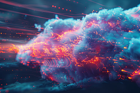 Abstract visualization of cloud computing with digital elements representing data processing and AI operations in the cloud.の素材