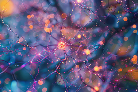 An abstract visual representation of a neural network, highlighting the complex interconnections and data processing capabilities of AI.の素材