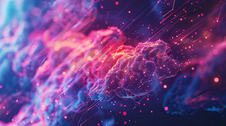 An abstract visualization of cloud computing with digital elements representing data processing and AI operations within the cloud.の素材