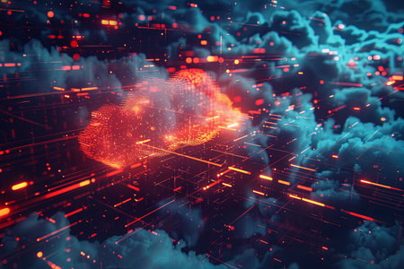 An abstract visualization of cloud computing, featuring a glowing cloud and digital elements representing data processing and AI operations in the cloud.の素材