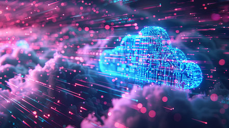 An abstract digital visualization of cloud computing showcasing data processing and AI operations.の素材