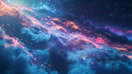 Abstract visualization of cloud computing with digital elements representing data processing and AI operations in the cloud.の素材