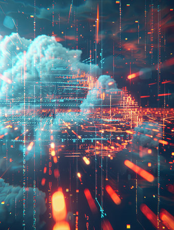 An abstract visualization depicting cloud computing, with digital elements representing data processing and AI operations.の素材
