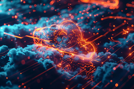 A digital cloud icon glowing brightly against a dark background with abstract blue and orange elements representing data processing and AI operations in the cloud.の素材