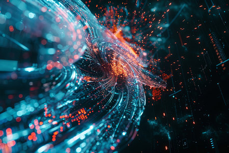 A digital abstract representing data streams, complex graphs, and digital interfaces reflecting AI data processing.の素材