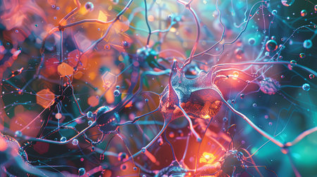 An abstract depiction of a neural network showing the intricate connections and nodes that enable AI to process and learn from data.の素材