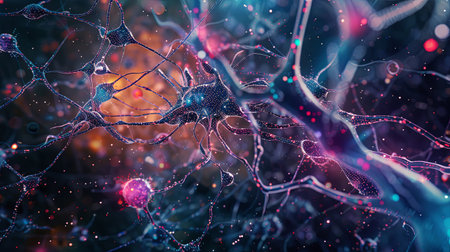 A digital illustration of a neural network shows interconnected nodes, demonstrating the complex processes of data processing and learning in AI.の素材