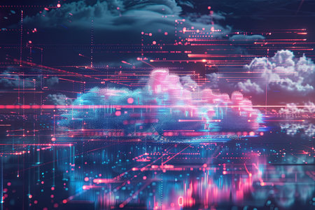 A digital representation of cloud computing with colorful lines and dots visualizing data processing and AI operations within a cloud formation.の素材