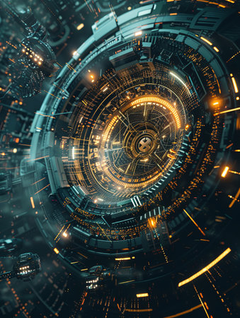 A stylized 3D rendering depicting an abstract cybersecurity system with digital locks, shields, and network nodes protected by AI algorithms.の素材