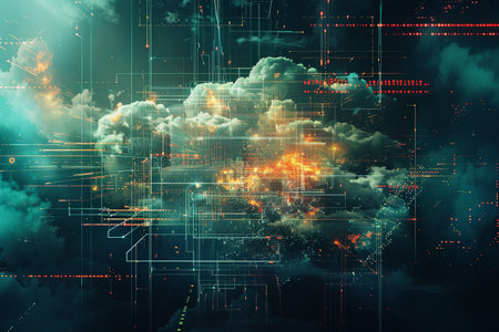 Abstract illustration of cloud computing, with interconnected lines and digital elements symbolizing data processing and AI operations in the cloud.の素材