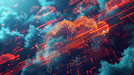 An abstract visualization of cloud computing with digital elements representing data processing and AI operations in the cloud.の素材