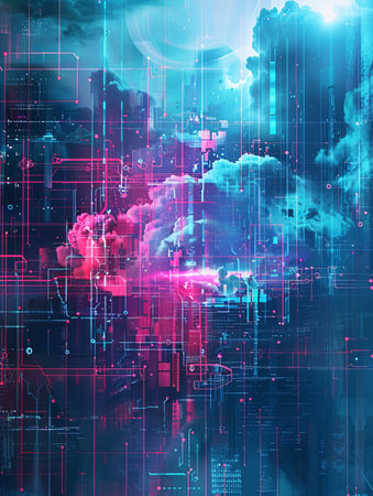 A digitally generated abstract artwork depicting cloud computing with data processing and AI operations in the cloud.の素材