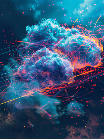 An abstract visualization of cloud computing, featuring digital elements representing data processing and AI operations within the cloud.の素材