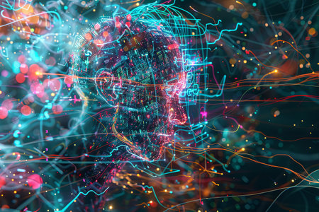 An abstract visualization depicting massive information streams, complex graphs, and digital interfaces representing AI data processing.の素材