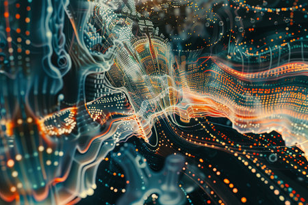 An intricate and dynamic visualization of massive information streams, complex graphs, and digital interfaces representing AI data processing.の素材