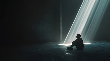 Alone in a dark room, illuminated by a narrow beam of light through a window, a persons face is partially obscured by shadows, evoking isolation and sadness.の素材